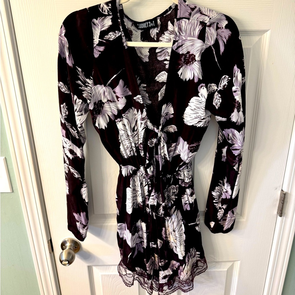 Audrey 3+1 Purple Sheath Jumpsuit with V-Neck and Bishop Sleeves